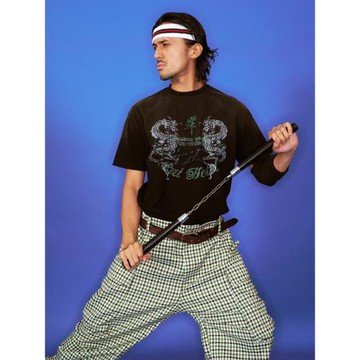 TREclub 黑雙龍水洗印花做舊街頭復古vintage夏季短袖男