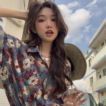 復古港味寬松碎花短袖襯衫女夏威夷ins沙灘襯衫設計感小眾上衣潮