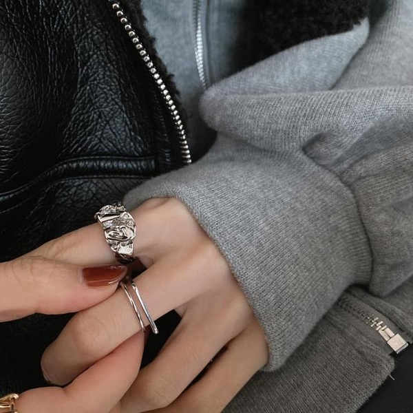 韓版S925銀不規則戒指女復古簡約雙層線條幾何凹凸開口指環食指戒