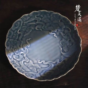 景德鎮手工雕刻祥云仙鶴霽青干泡茶盤干果盤小果盤果碟供盤茶點盤