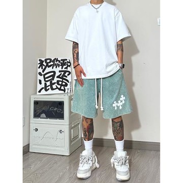 短褲男夏季薄款潮牌寬松大碼休閑水洗做舊運動美式高街重磅五分褲