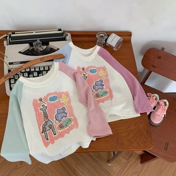 【Hi！Kids】女童秋季純棉長袖T恤拼色涂鴉圓領女寶寶卡通印花百搭上衣