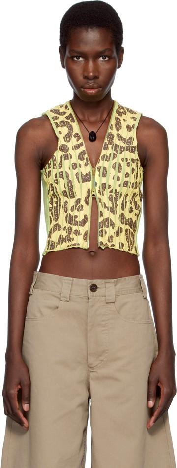 Stanley Raffington 黄色 & 绿色 Leopard Print Plated Knit Cropped 背心
