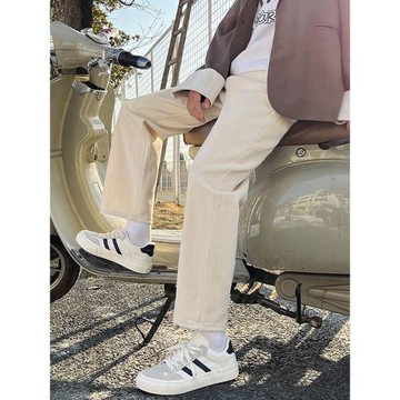 米白色牛仔褲男款春秋英倫雅痞修身直筒褲子高級感設計感休閑長褲