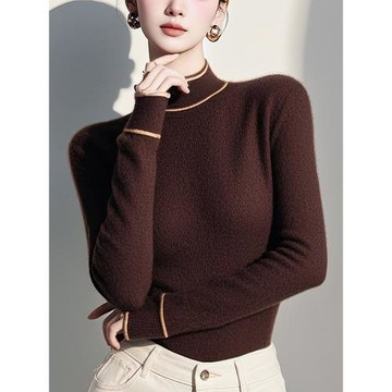 法式優雅絕美咖色半高領長袖毛衣針織衫女秋冬款洋氣好看軟糯小衫