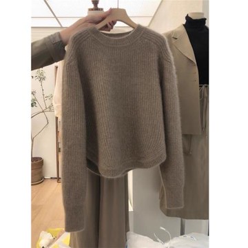 歐貨新款羊絨衫女秋冬短款寬松弧形針織打底衫羊毛慵懶套頭厚毛衣