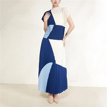 【米蘭精品】褶皺套裝休閒裙裝(兩件套)-三宅風幾何短袖撞色長裙女裝4色74ff20