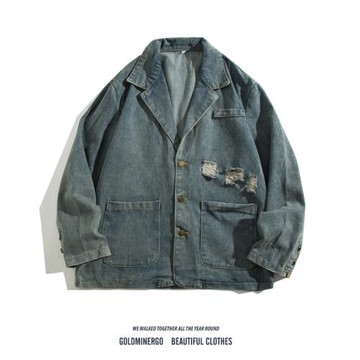 美式復古破洞牛仔外套男女潮流寬松痞帥水洗休閑原宿風西裝夾克衫
