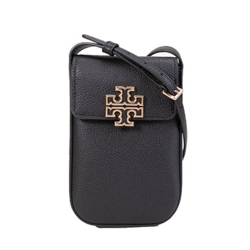 TORY BURCH  Britten荔枝皮革金屬LOGO手機斜背包(黑色)