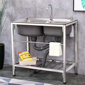 水槽 洗手盆 廚房簡易304不銹鋼雙槽支架盆水槽帶支架洗菜洗臉洗碗槽洗手池盆【MJ3577】