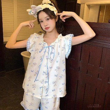 夏季新款甜美格紋花邊睡衣女可愛小兔印花短袖套裝家居服外穿家居服兩件式睡衣甜美睡衣休閒睡衣居家服套裝