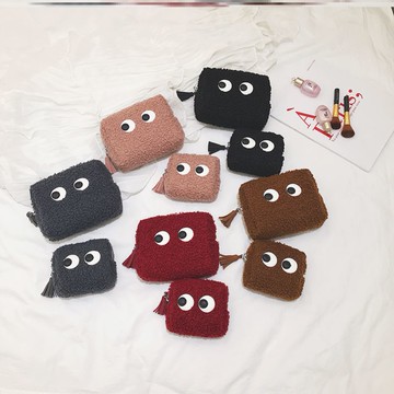 毛茸茸化妝包小號便攜隨身布袋飛機旅行套裝洗漱包化妝刷子收納袋1入