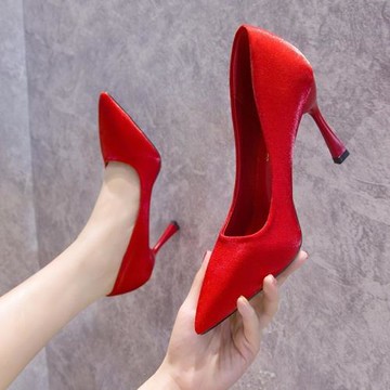 結婚女鞋秋季紅色新娘鞋高跟鞋百搭細跟單鞋綢緞面紅鞋中式秀禾鞋