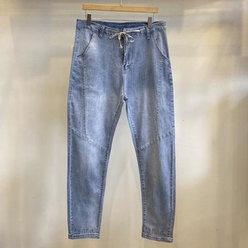 2021春夏薄款抽繩淺藍色洗水做舊系繩子彈力小直筒九分牛仔褲子男