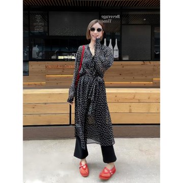 大碼女裝法式秋季流行穿搭疊穿裙子微胖mm收腰顯瘦雪紡波點連衣裙