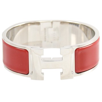HERMES CLIC H LOGO琺瑯扣式寬版手環(銀/胭脂紅)