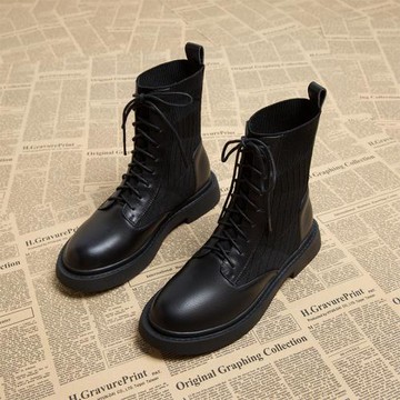 瘦瘦靴短靴女2024新款秋冬彈力襪靴平底系帶英倫風馬丁靴春秋單靴