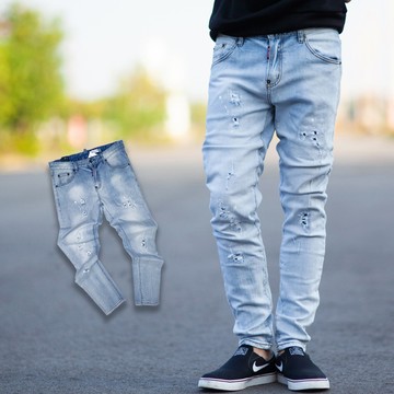 【NB1334J】韓國製淺藍刷白點狀抓破補丁合身版牛仔褲長褲 (LE-HB166)