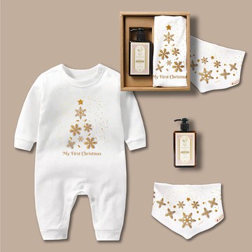 金色雪花聖誕樹 長袖連身衣+三角巾+沐浴露禮盒3件組  寶寶 客製