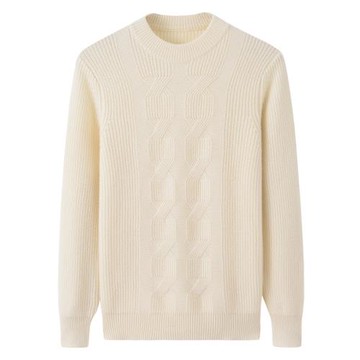 絨爵100山羊絨衫男士圓領加厚保暖絞花白色商務針織毛衣E1590