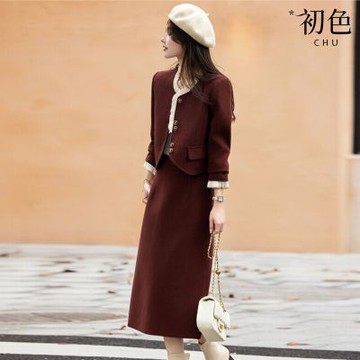 初色 小香風拼接木耳邊單排釦加厚夾克外套女外套+純色中長裙半身裙套裝-酒紅色-16311(M-2XL可選)