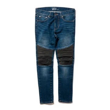 春秋雅痞復古潮牌羊皮拼接機車搖滾修身牛仔褲男女緊身彈力休閑褲