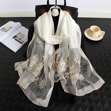 【巴黎精品】真絲絲巾羊毛圍巾-繡花桑蠶絲拼接紗巾女配件9色a1gt42