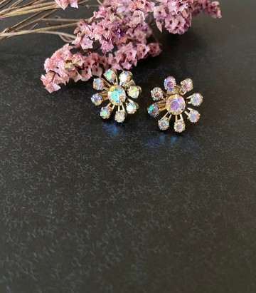 古董北極萊茵石雪花夾式耳環  C468