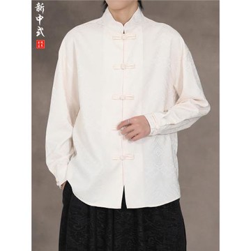 新中式盤扣暗紋唐裝襯衫男長袖立領寬松百搭中國風提花復古風襯衣