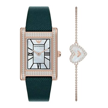 EMPORIO ARMANI 亞曼尼 AR80085SET 女錶手鍊套裝 23mm 晶鑽錶圈 珍珠母貝錶盤 優雅腕錶