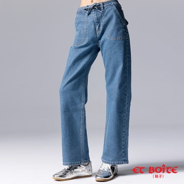 【秋冬新品買1送1】有彈中腰繫繩方袋丹寧寬直褲(淺藍) -  BLUE WAY ET BOîTE 箱子