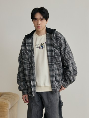 連帽拼接繡字格紋長襯