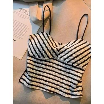 黑白條紋吊帶背心女內搭夏季薄款外穿帶胸墊一體短款辣妹抹胸上衣