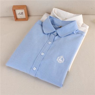 春秋季OL小清新簡約簡單學生bf少女牛津紡棉純色職業工裝長袖襯衫