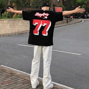 純棉t恤短袖男夏季77數字印花圓領寬松潮牌街頭vibe五分袖體恤衣