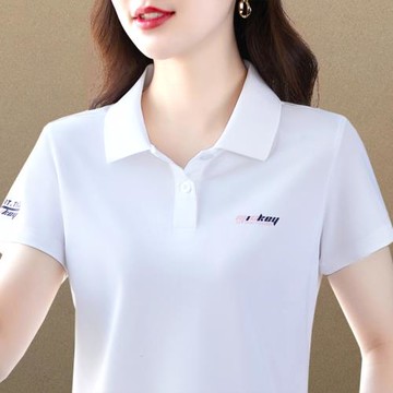(免運)冰絲翻領休閑短袖t恤女夏季2025新款印花polo衫中年媽媽顯瘦上衣