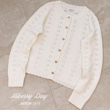 棉腈 復古法式少女 愛心金屬扣 精致鏤空 奶白色 針織毛衣開衫 K