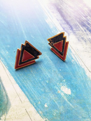 美國西洋古董飾品 /玫瑰紅莫蘭迪藍幾何三角針式耳環/復古首飾