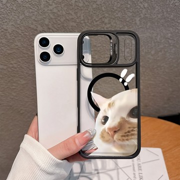 驚訝小白貓適用iPhone17ProMax/16/15/14/13/12/11 隱形鏡頭支架 蘋果磁吸防摔硬殼 送鏡頭貼