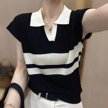 polo领上衣[100公斤]夏季冰丝条纹短袖女法式别致宽松显瘦小衫 冰絲T恤女 韓版T恤 POLO衫女 顯瘦 遮肚