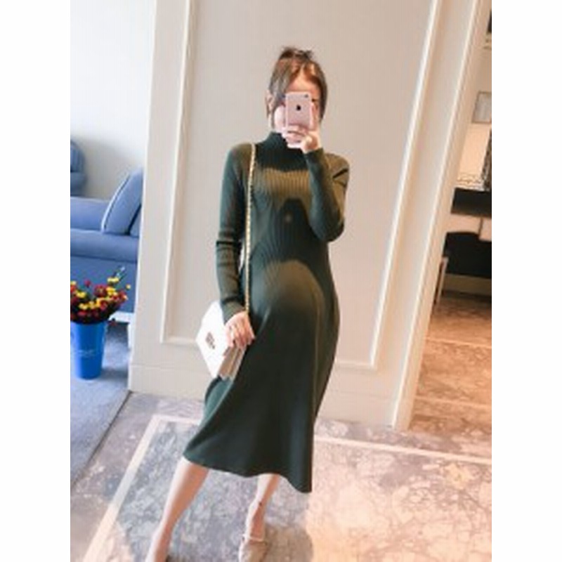 マタニティ ワンピース マタニティウエア ワンピース ひざ下丈 ニットワンピース セーター ハイネック ボトルネック 長袖 フレア ウエス 通販 Lineポイント最大1 0 Get Lineショッピング