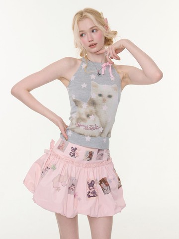 ziziFei''貓兔捕星''夏蝴蝶結星星貓兔印花顯瘦淺灰色針織背心女