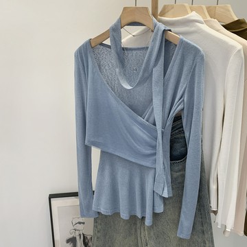 ParrotFashion設計感交叉v領飄帶長袖T恤女裝潮韓版2025秋季新款單穿設計感上衣
