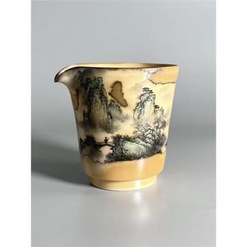 孤品水墨柴燒公道杯手繪意境山水手工茶器高端茶器具公杯禮盒商務