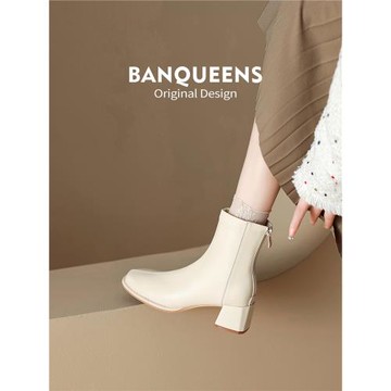 不累腳！半曲白色高跟短靴女新款秋冬粗跟瘦瘦靴百搭通勤切爾西靴