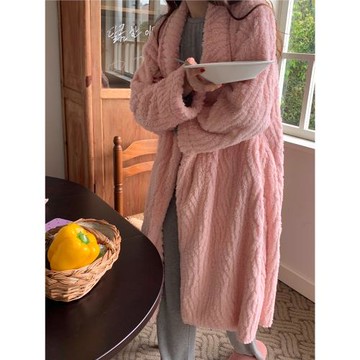 韓國風居家慵懶ins秋冬加厚珊瑚絨暖膚家居睡袍系帶袍子保暖長款