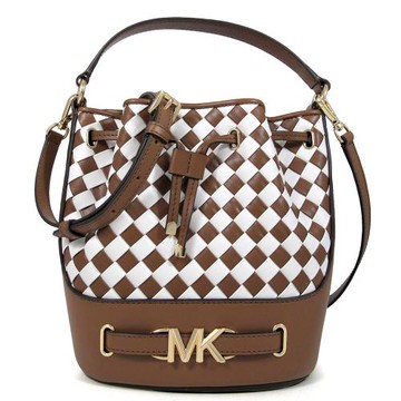 MICHAEL KORS 金字MK LOGO編織水桶中款兩用包(咖白雙色)