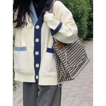 撞色日系字母刺繡毛衣開衫2022秋冬新款學院風寬松慵懶針織外套女