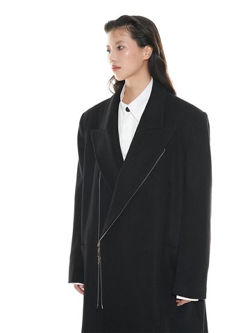 羊毛絨墊肩拉鏈大衣男女秋冬黑色長款毛外套