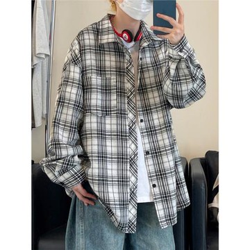 格子長袖襯衫男2025春秋新款大碼休閑復古青少年男士寸衫襯衣外套